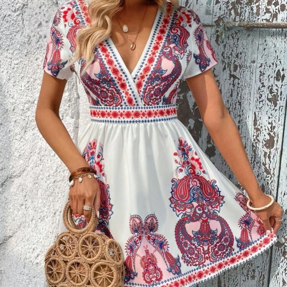 Paisley Print Surplice Neck Dress